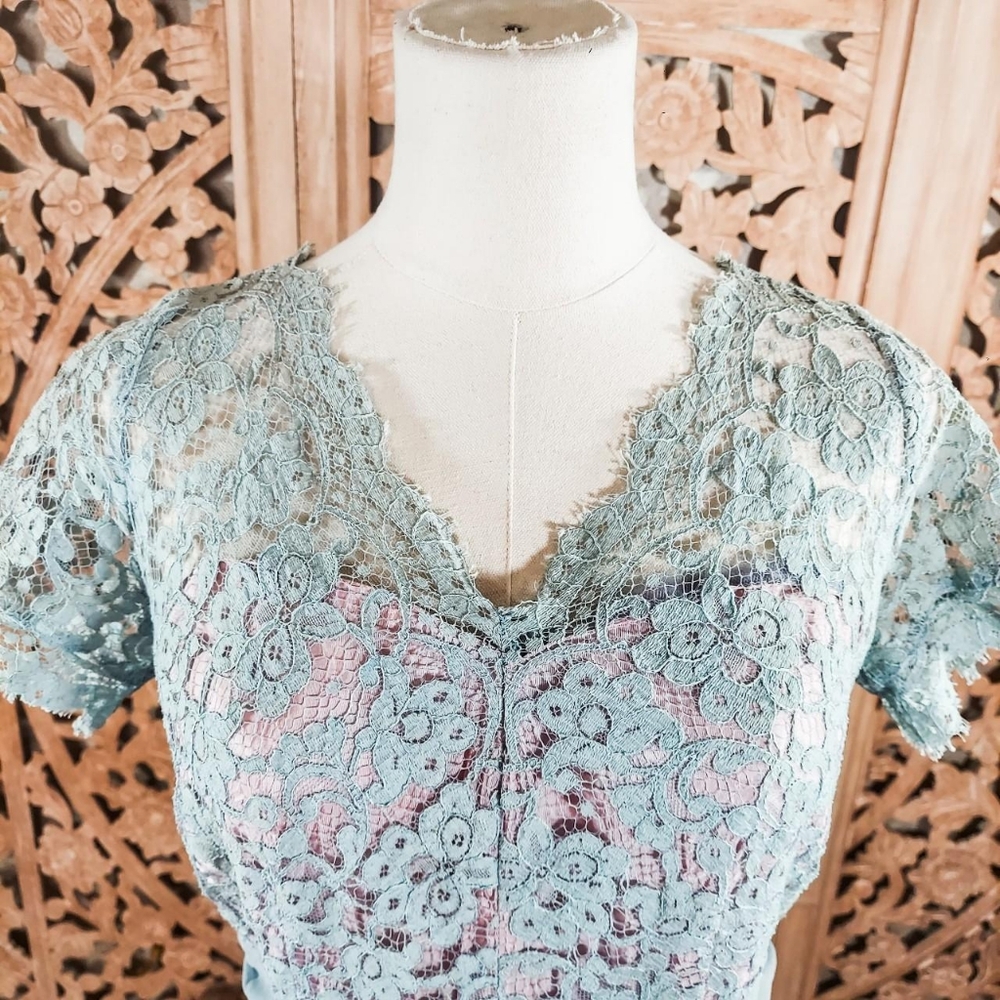 Vintage 1950s Powder Blue Lace Formal Cocktail Pencil Wiggle Dress - Picture 7 of 8
